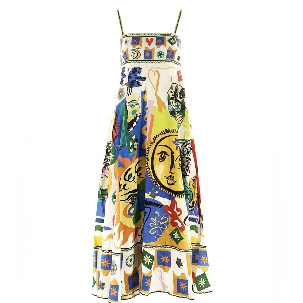 Soleil Full Skirt LINEN Sundress, Mixed Media Luxury Print - Picture 8 of 12